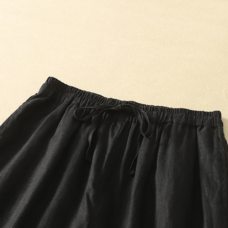 Pantaloni da donna in cotone e lino, con tasche, lunghezza 7-8, modello Buddha Stones, casual, retrò, con coulisse e ricamo