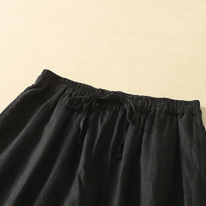 Pantaloni da donna in cotone e lino, con tasche, lunghezza 7-8, modello Buddha Stones, casual, retrò, con coulisse e ricamo