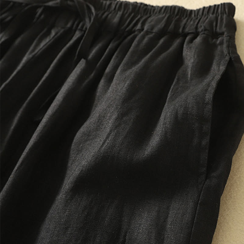 Pantaloni da donna in cotone e lino, con tasche, lunghezza 7-8, modello Buddha Stones, casual, retrò, con coulisse e ricamo
