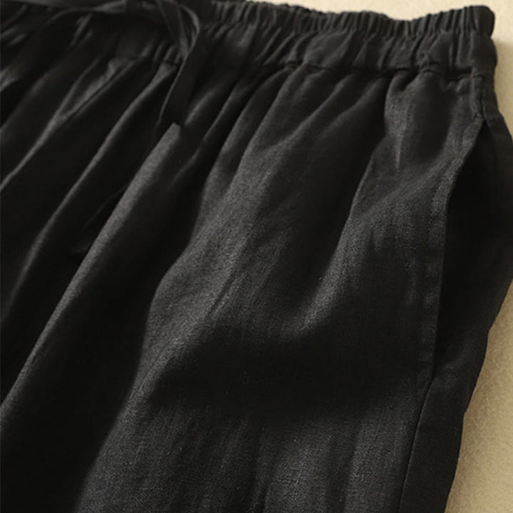 Pantaloni da donna in cotone e lino, con tasche, lunghezza 7-8, modello Buddha Stones, casual, retrò, con coulisse e ricamo
