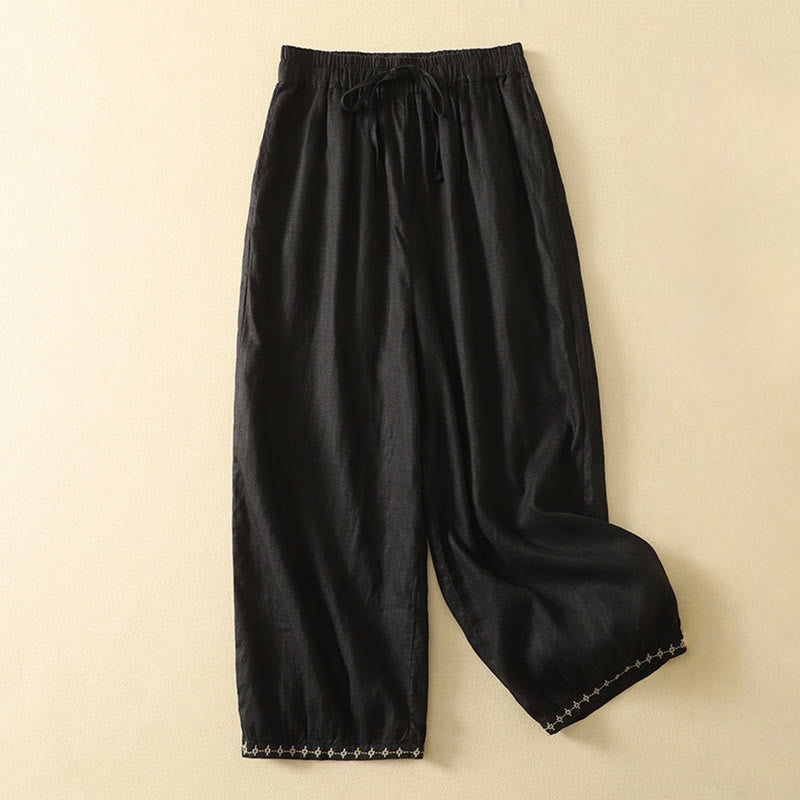 Pantaloni da donna in cotone e lino, con tasche, lunghezza 7-8, modello Buddha Stones, casual, retrò, con coulisse e ricamo