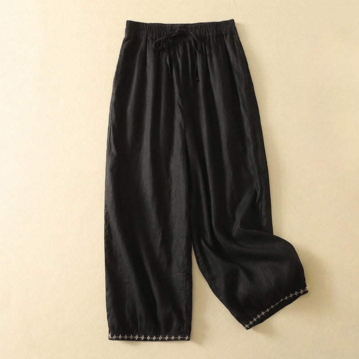 Pantaloni da donna in cotone e lino, con tasche, lunghezza 7-8, modello Buddha Stones, casual, retrò, con coulisse e ricamo