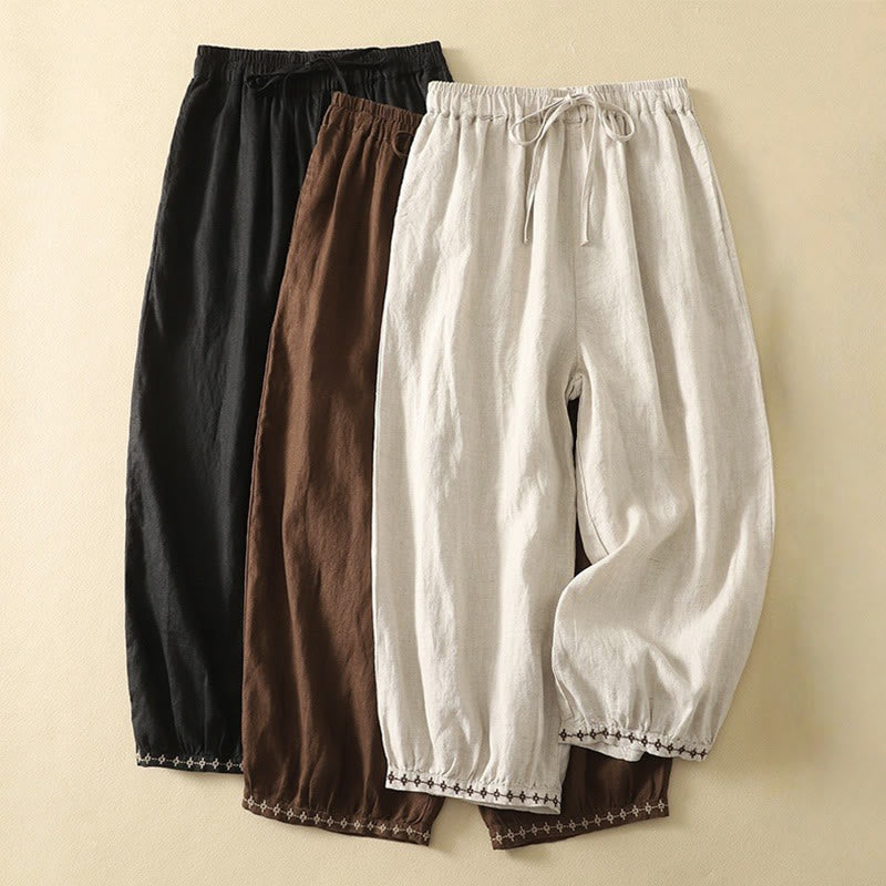 Pantaloni da donna in cotone e lino, con tasche, lunghezza 7-8, modello Buddha Stones, casual, retrò, con coulisse e ricamo
