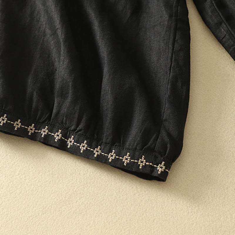 Pantaloni da donna in cotone e lino, con tasche, lunghezza 7-8, modello Buddha Stones, casual, retrò, con coulisse e ricamo