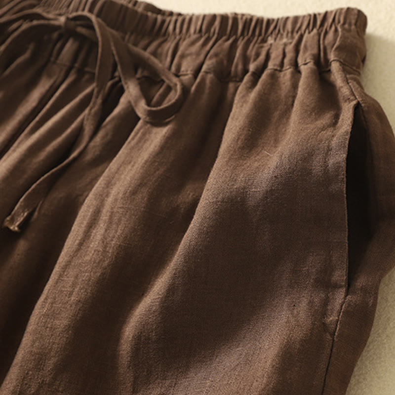 Pantaloni da donna in cotone e lino, con tasche, lunghezza 7-8, modello Buddha Stones, casual, retrò, con coulisse e ricamo