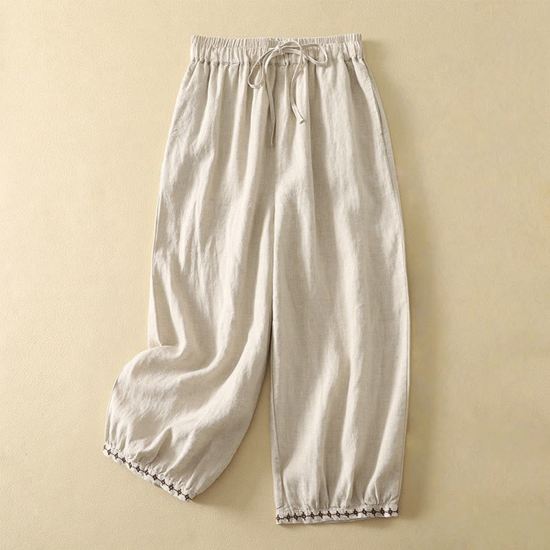 Pantaloni da donna in cotone e lino, con tasche, lunghezza 7-8, modello Buddha Stones, casual, retrò, con coulisse e ricamo - Biancheria - US8-10, UK/AU12-14, EU40-42 (2XL) - image 0