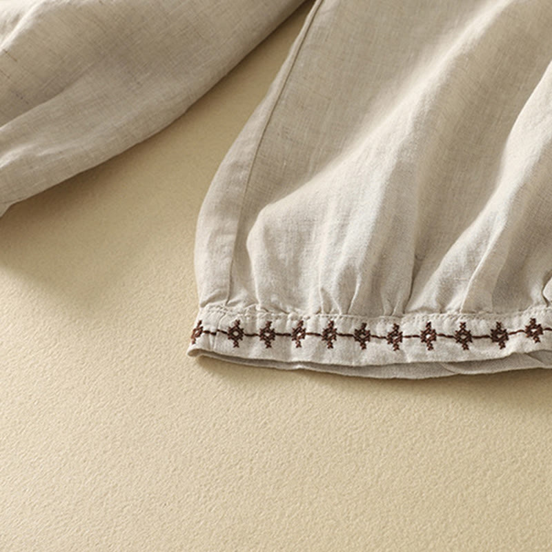 Pantaloni da donna in cotone e lino, con tasche, lunghezza 7-8, modello Buddha Stones, casual, retrò, con coulisse e ricamo
