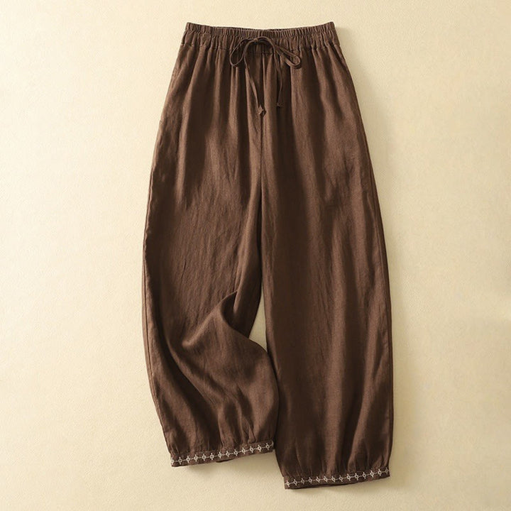 Pantaloni da donna in cotone e lino, con tasche, lunghezza 7-8, modello Buddha Stones, casual, retrò, con coulisse e ricamo