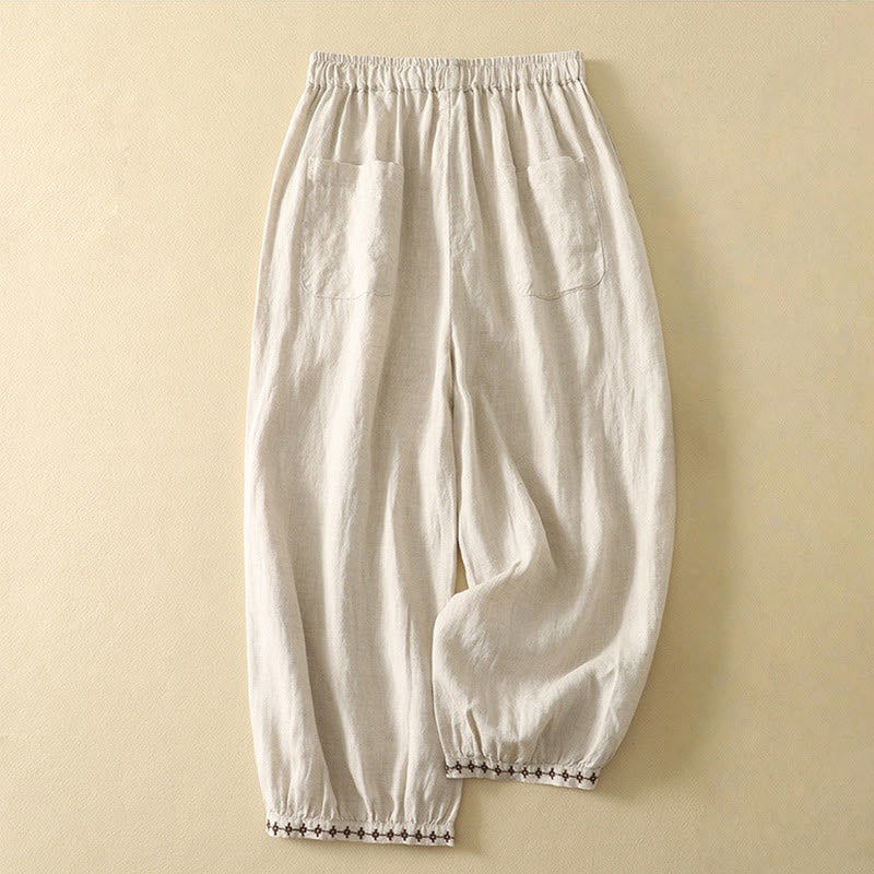 Pantaloni da donna in cotone e lino, con tasche, lunghezza 7-8, modello Buddha Stones, casual, retrò, con coulisse e ricamo