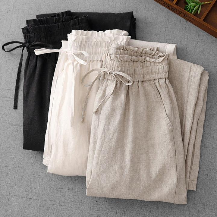 Pantaloni larghi in cotone da donna con tasche, modello Buddha Stones, casual, a vita alta, con coulisse e volant