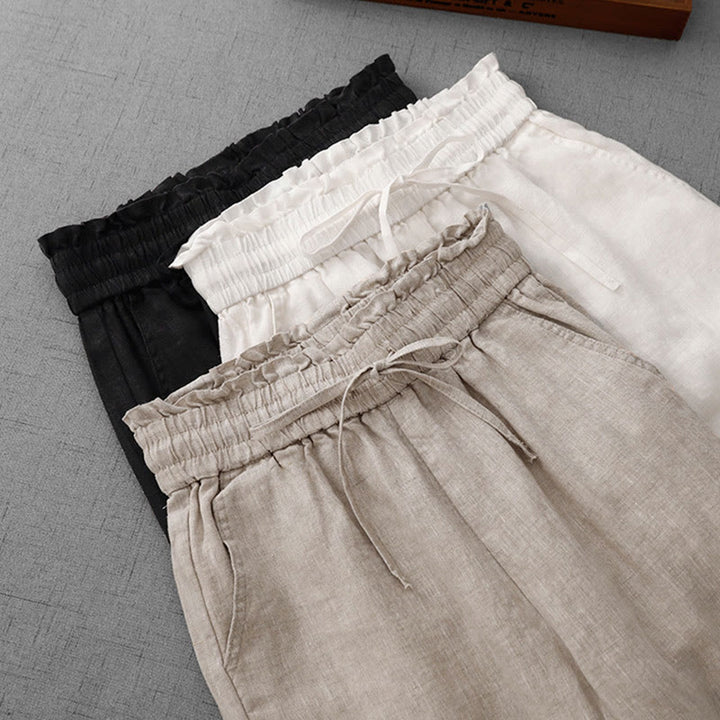 Pantaloni larghi in cotone da donna con tasche, modello Buddha Stones, casual, a vita alta, con coulisse e volant