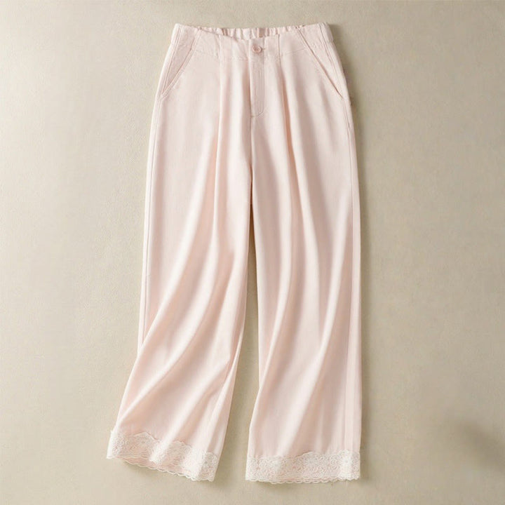 Pantaloni larghi alla caviglia da donna con tasche e cerniera, a vita alta, con design patchwork in pizzo Buddha Stones