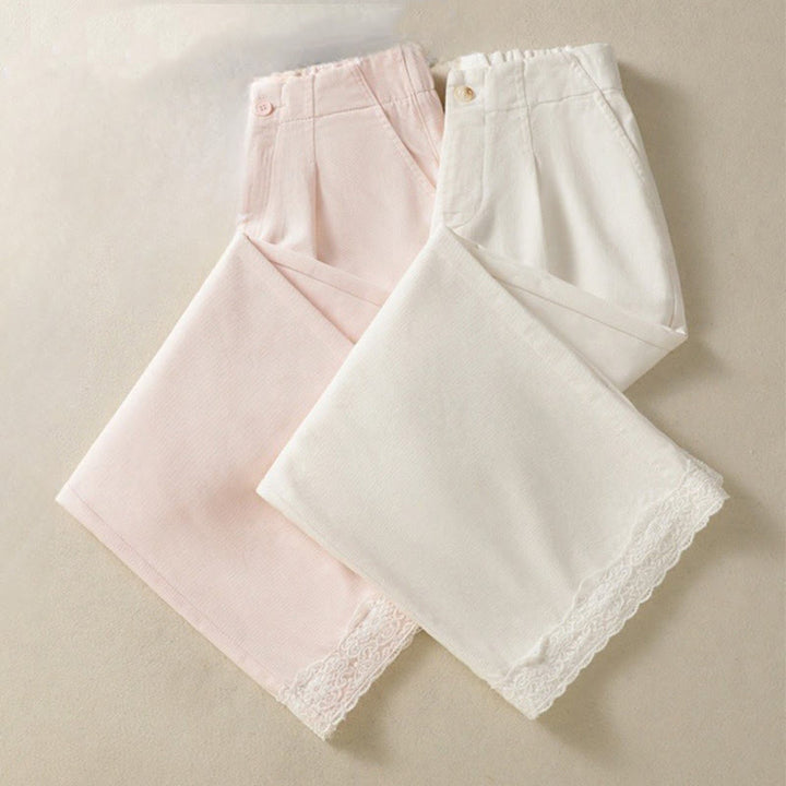 Pantaloni larghi alla caviglia da donna con tasche e cerniera, a vita alta, con design patchwork in pizzo Buddha Stones