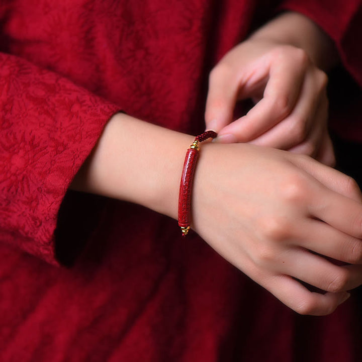 Bracciale intrecciato con benedizione del Sutra del Cuore Om Mani Padme Hum, fatto a mano, in cinabro Buddha Stones