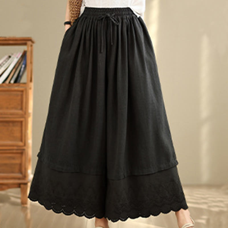 Pantaloni da donna in cotone a gamba larga con tasche, ricamo primaverile Buddha Stones, orlo in pizzo patchwork, coulisse e design - image 11