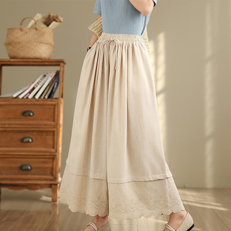 Pantaloni da donna in cotone a gamba larga con tasche, ricamo primaverile Buddha Stones, orlo in pizzo patchwork, coulisse e design