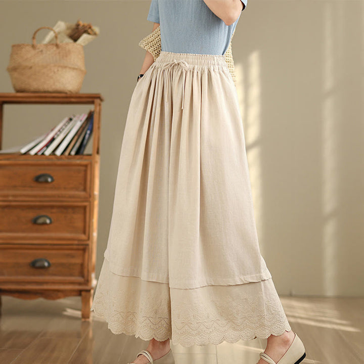 Pantaloni da donna in cotone a gamba larga con tasche, ricamo primaverile Buddha Stones, orlo in pizzo patchwork, coulisse e design