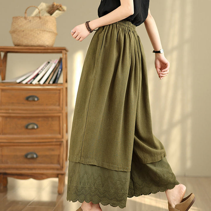 Pantaloni da donna in cotone a gamba larga con tasche, ricamo primaverile Buddha Stones, orlo in pizzo patchwork, coulisse e design