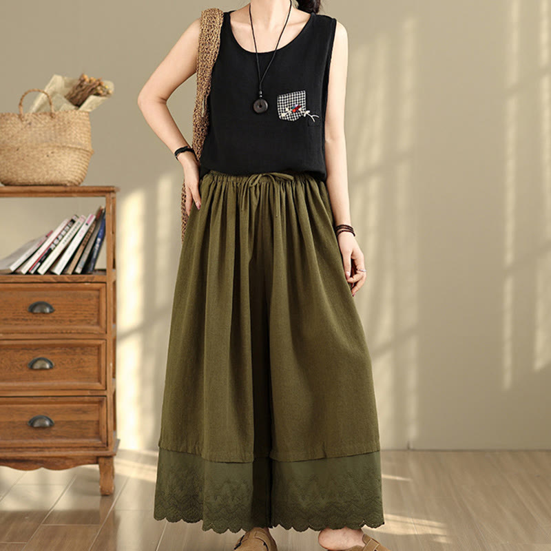 Pantaloni da donna in cotone a gamba larga con tasche, ricamo primaverile Buddha Stones, orlo in pizzo patchwork, coulisse e design