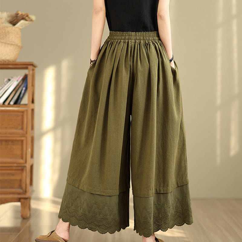 Pantaloni da donna in cotone a gamba larga con tasche, ricamo primaverile Buddha Stones, orlo in pizzo patchwork, coulisse e design