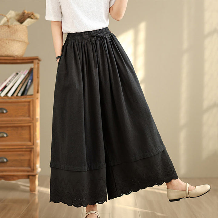Pantaloni da donna in cotone a gamba larga con tasche, ricamo primaverile Buddha Stones, orlo in pizzo patchwork, coulisse e design - Nero - US8-10, UK/AU12-14, EU40-42 (2XL) - image 9
