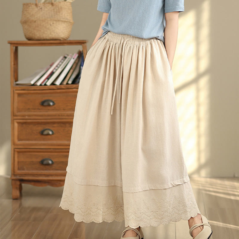 Pantaloni da donna in cotone a gamba larga con tasche, ricamo primaverile Buddha Stones, orlo in pizzo patchwork, coulisse e design
