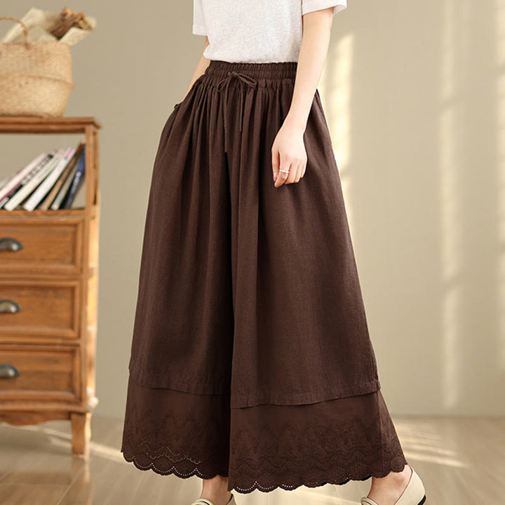 Pantaloni da donna in cotone a gamba larga con tasche, ricamo primaverile Buddha Stones, orlo in pizzo patchwork, coulisse e design - Marrone sella - US8-10, UK/AU12-14, EU40-42 (2XL) - image 12