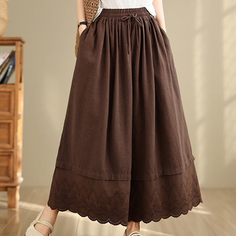 Pantaloni da donna in cotone a gamba larga con tasche, ricamo primaverile Buddha Stones, orlo in pizzo patchwork, coulisse e design