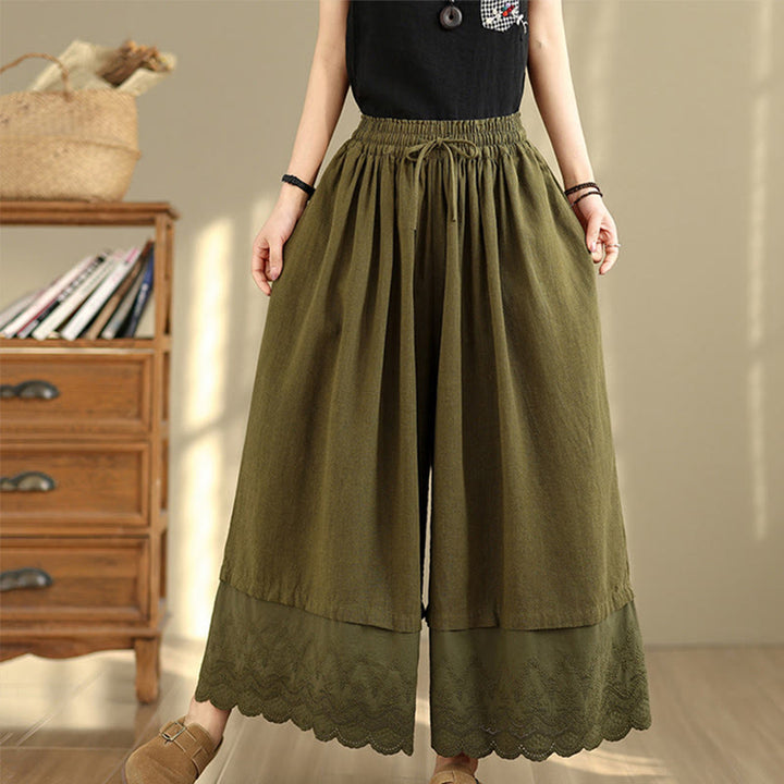 Pantaloni da donna in cotone a gamba larga con tasche, ricamo primaverile Buddha Stones, orlo in pizzo patchwork, coulisse e design - Verde oliva scuro - US8-10, UK/AU12-14, EU40-42 (2XL) - image 18