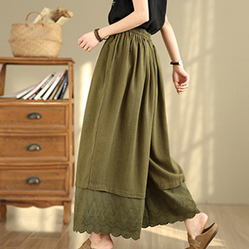 Pantaloni da donna in cotone a gamba larga con tasche, ricamo primaverile Buddha Stones, orlo in pizzo patchwork, coulisse e design