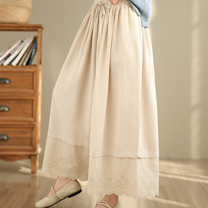 Pantaloni da donna in cotone a gamba larga con tasche, ricamo primaverile Buddha Stones, orlo in pizzo patchwork, coulisse e design