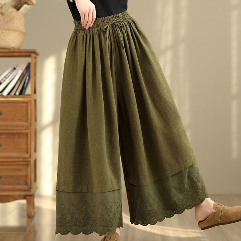 Pantaloni da donna in cotone a gamba larga con tasche, ricamo primaverile Buddha Stones, orlo in pizzo patchwork, coulisse e design
