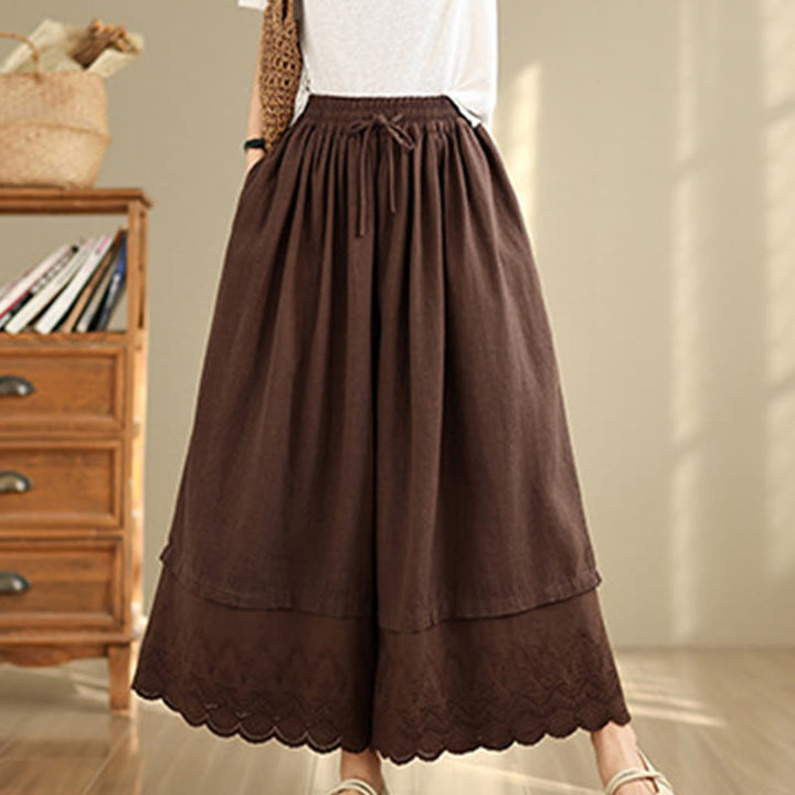 Pantaloni da donna in cotone a gamba larga con tasche, ricamo primaverile Buddha Stones, orlo in pizzo patchwork, coulisse e design