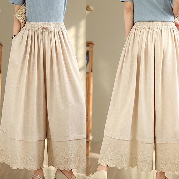 Pantaloni da donna in cotone a gamba larga con tasche, ricamo primaverile Buddha Stones, orlo in pizzo patchwork, coulisse e design - image 8