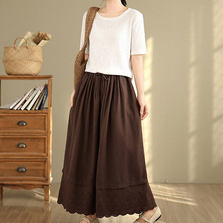 Pantaloni da donna in cotone a gamba larga con tasche, ricamo primaverile Buddha Stones, orlo in pizzo patchwork, coulisse e design