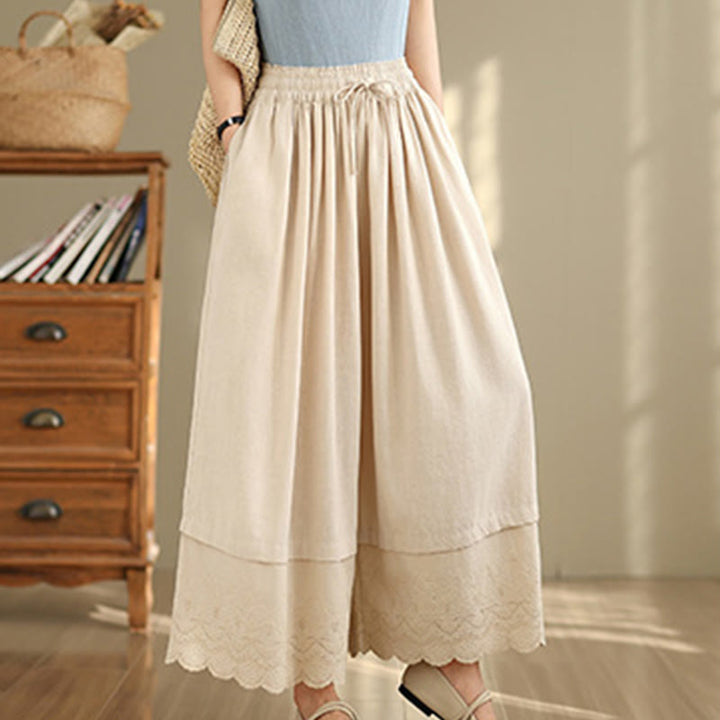 Pantaloni da donna in cotone a gamba larga con tasche, ricamo primaverile Buddha Stones, orlo in pizzo patchwork, coulisse e design