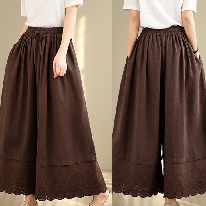 Pantaloni da donna in cotone a gamba larga con tasche, ricamo primaverile Buddha Stones, orlo in pizzo patchwork, coulisse e design - image 17