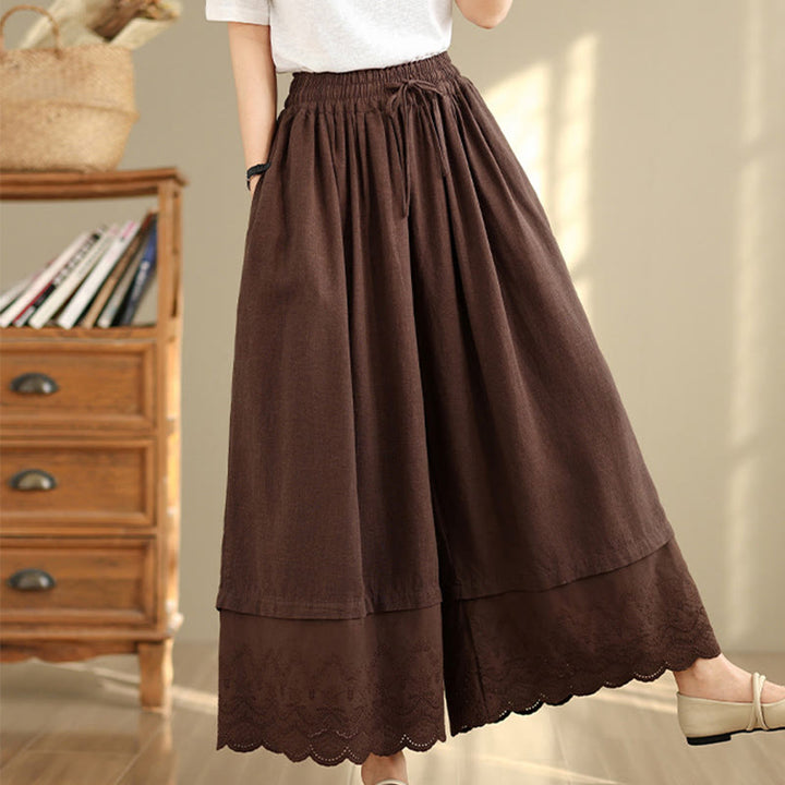 Pantaloni da donna in cotone a gamba larga con tasche, ricamo primaverile Buddha Stones, orlo in pizzo patchwork, coulisse e design