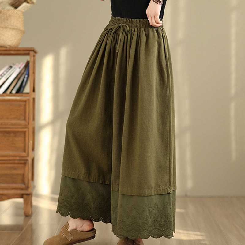 Pantaloni da donna in cotone a gamba larga con tasche, ricamo primaverile Buddha Stones, orlo in pizzo patchwork, coulisse e design