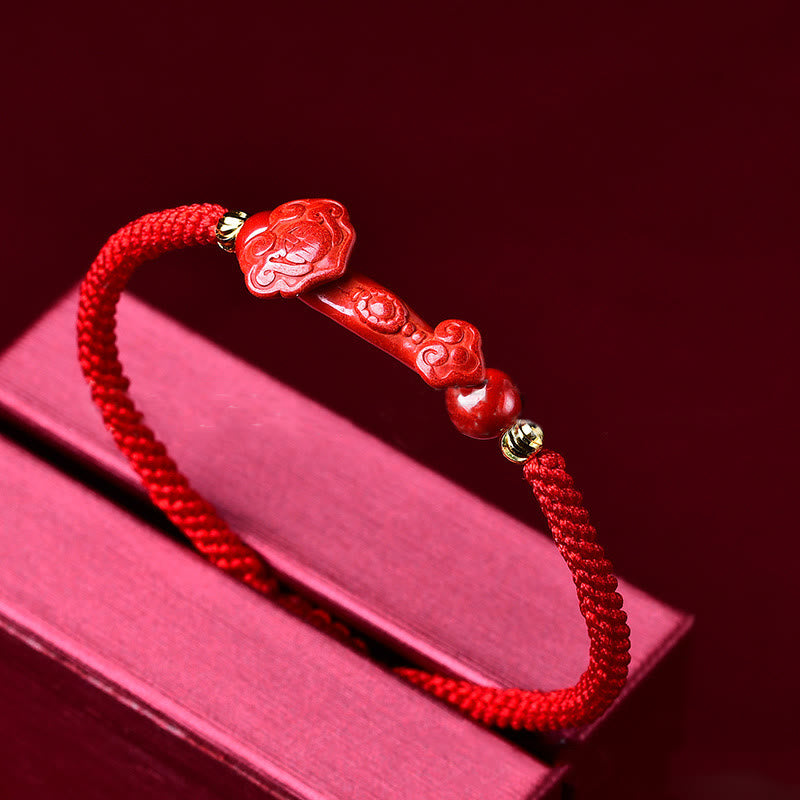 Bracciale intrecciato con Buddha Stones, Pixiu, cinabro, bastoncino Ruyi, ricchezza e fortuna