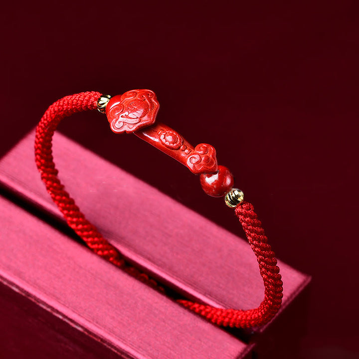 Bracciale intrecciato con Buddha Stones, Pixiu, cinabro, bastoncino Ruyi, ricchezza e fortuna