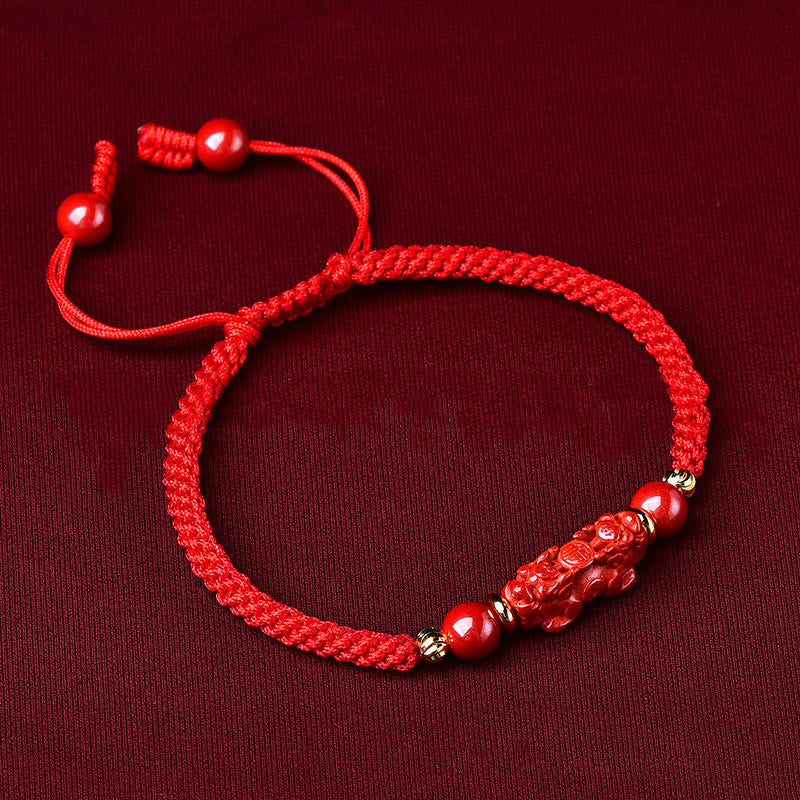 Bracciale intrecciato con Buddha Stones, Pixiu, cinabro, bastoncino Ruyi, ricchezza e fortuna
