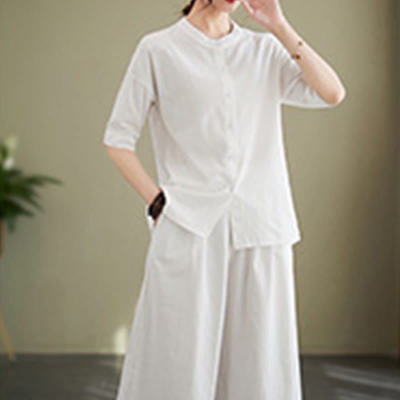 Set da donna in cotone Zen con pantaloni a gamba larga e tasche, casual, tinta unita, con bottoni, modello Buddha Stones , 2 pezzi - image 5