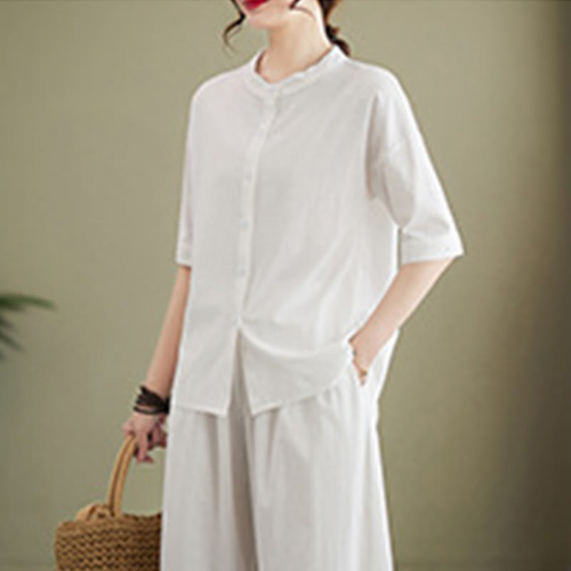 Set da donna in cotone Zen con pantaloni a gamba larga e tasche, casual, tinta unita, con bottoni, modello Buddha Stones , 2 pezzi