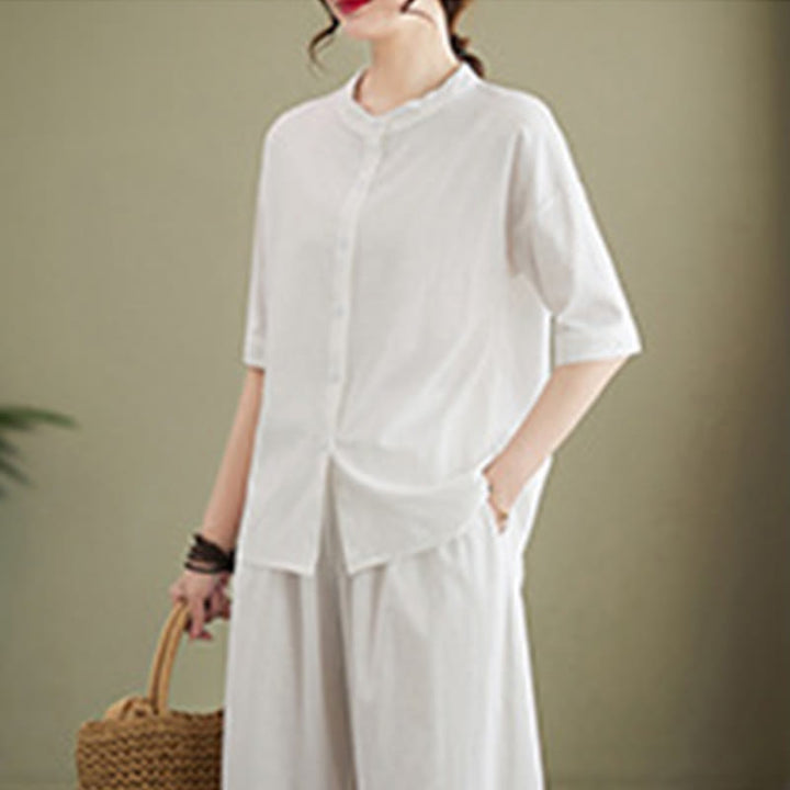 Set da donna in cotone Zen con pantaloni a gamba larga e tasche, casual, tinta unita, con bottoni, modello Buddha Stones , 2 pezzi