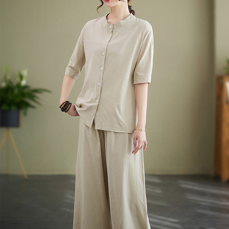 Set da donna in cotone Zen con pantaloni a gamba larga e tasche, casual, tinta unita, con bottoni, modello Buddha Stones , 2 pezzi