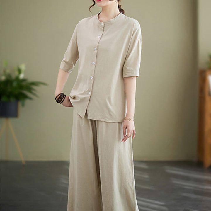 Set da donna in cotone Zen con pantaloni a gamba larga e tasche, casual, tinta unita, con bottoni, modello Buddha Stones , 2 pezzi