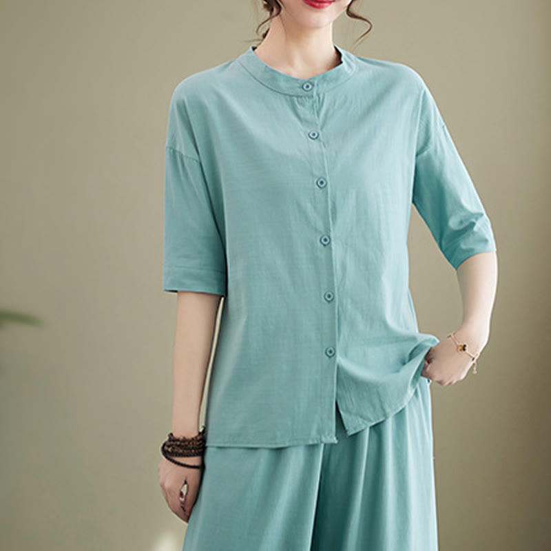 Set da donna in cotone Zen con pantaloni a gamba larga e tasche, casual, tinta unita, con bottoni, modello Buddha Stones , 2 pezzi