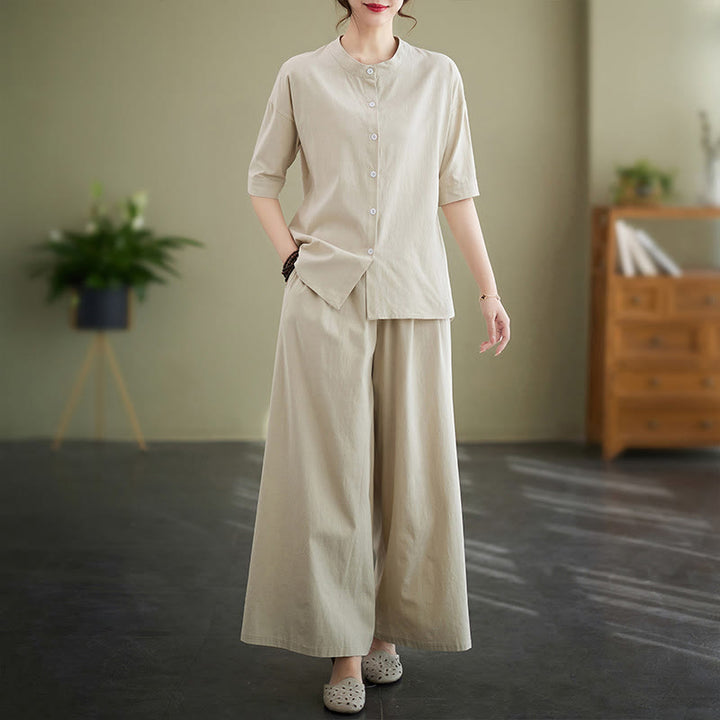 Set da donna in cotone Zen con pantaloni a gamba larga e tasche, casual, tinta unita, con bottoni, modello Buddha Stones , 2 pezzi