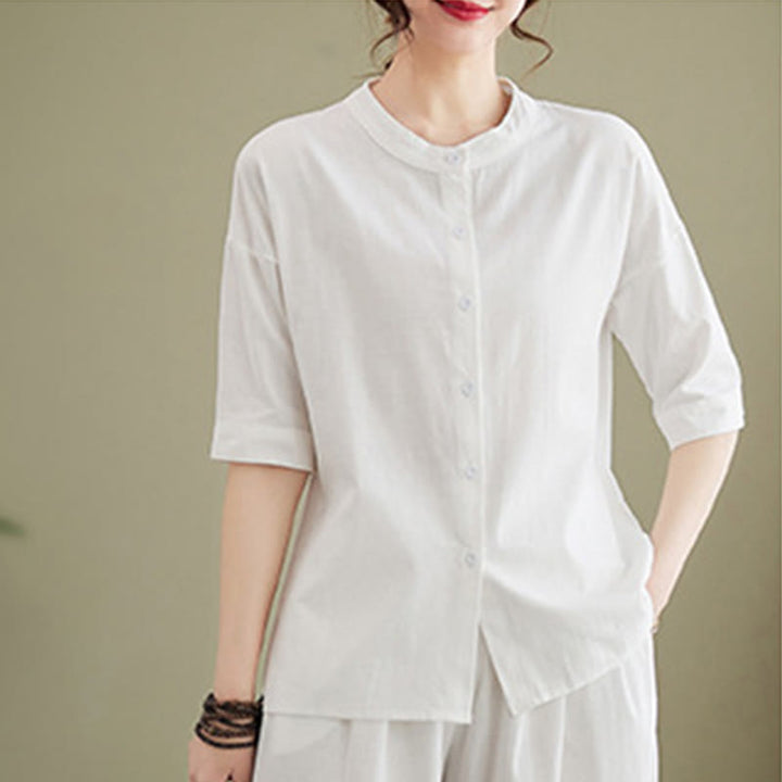 Set da donna in cotone Zen con pantaloni a gamba larga e tasche, casual, tinta unita, con bottoni, modello Buddha Stones , 2 pezzi - image 6